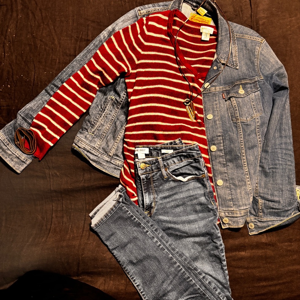 Nine West Blue Cropped Jeans with Red Striped Top